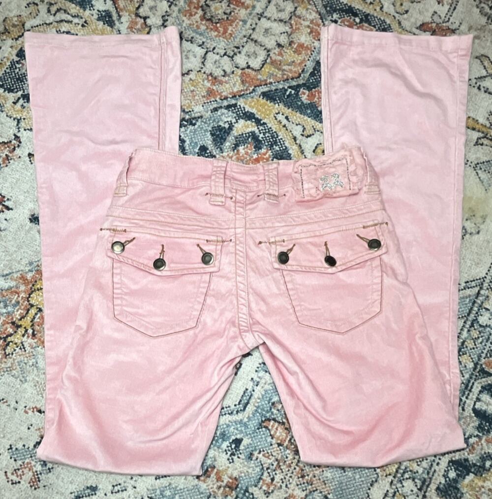 Vintage Twill Twenty Two Y2K Pink Corduroy Low Rise Pants Bling Logo Patch Sz 28